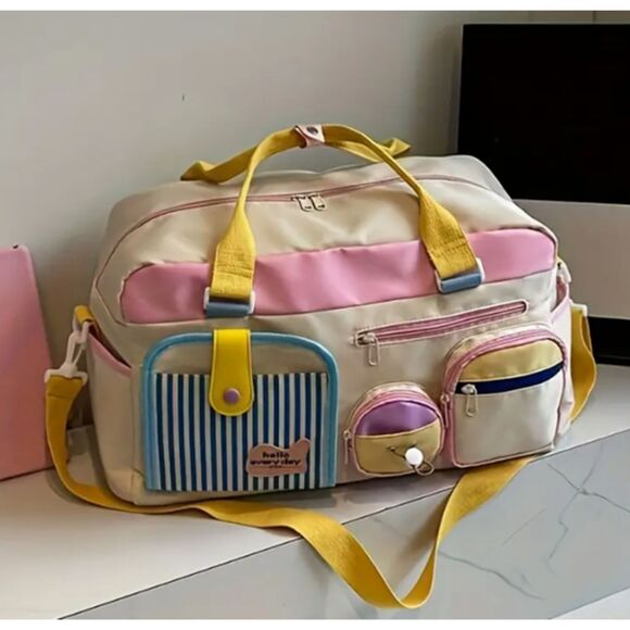 Multi-Pocket Carry All Pastel Shoulder Bag Duffle Diaper Bag Weekender - Picture 9 of 11